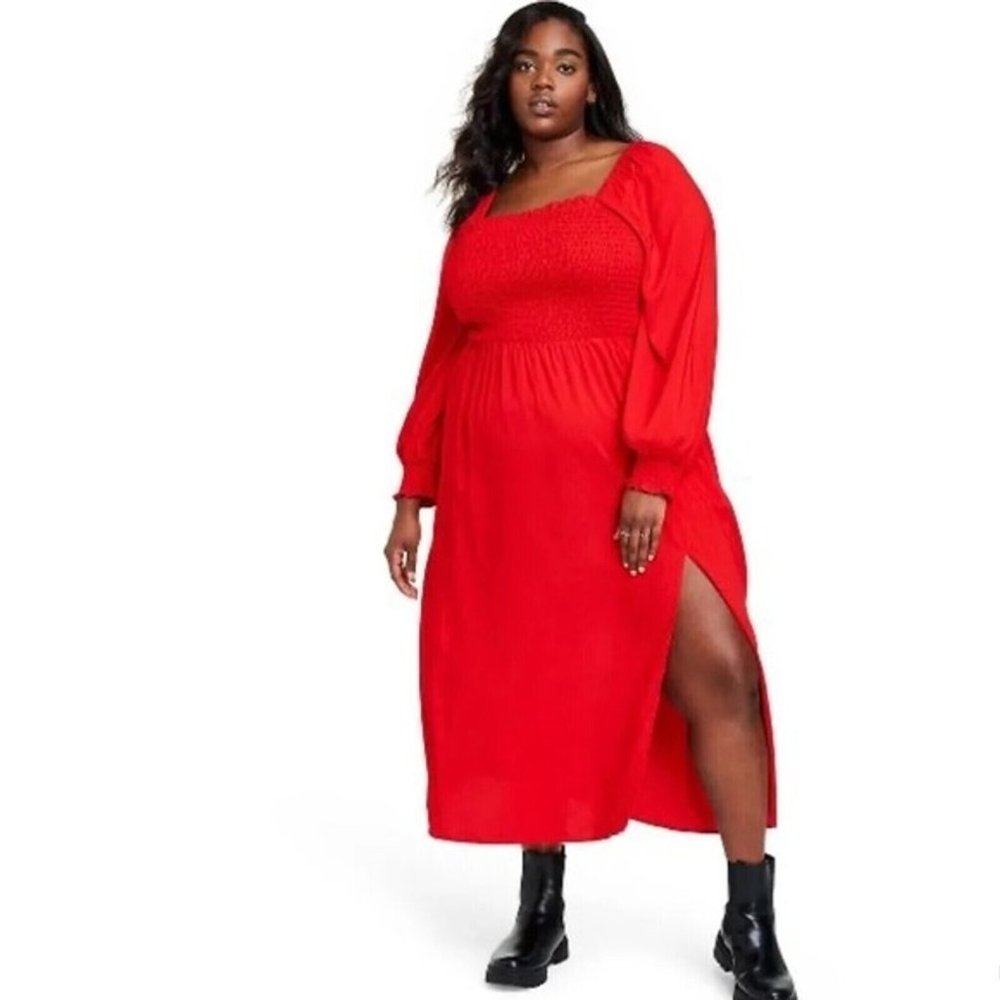 La Ligne x Target Women's Smocked Bodice Midi Dress with Pockets Red (Size 4X)